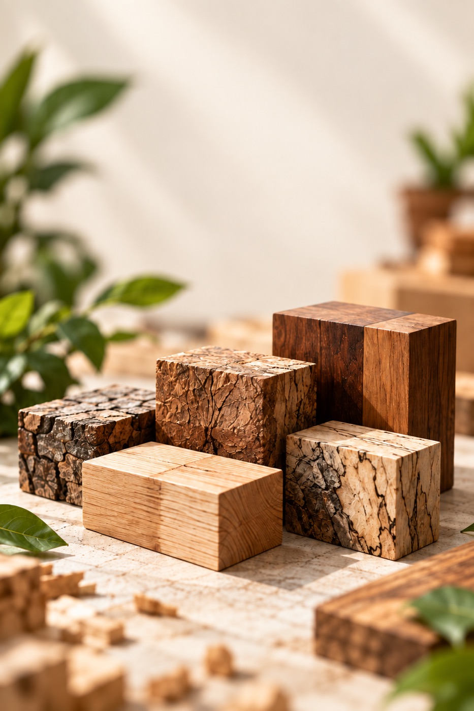 Blocks of different woods, from pale oak to dark walnut and burl, arranged on a light surface